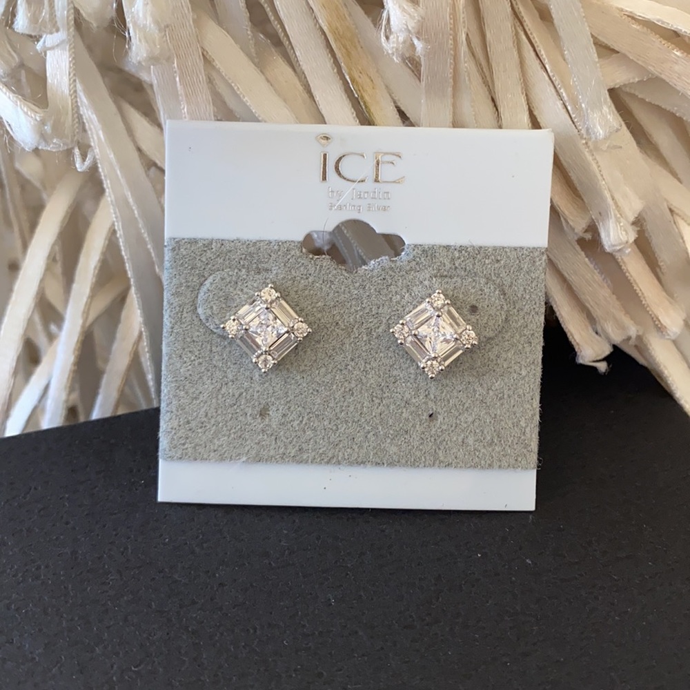 🪞 NEW ice sparkling faceted square cz stone earrings sterling silver set
